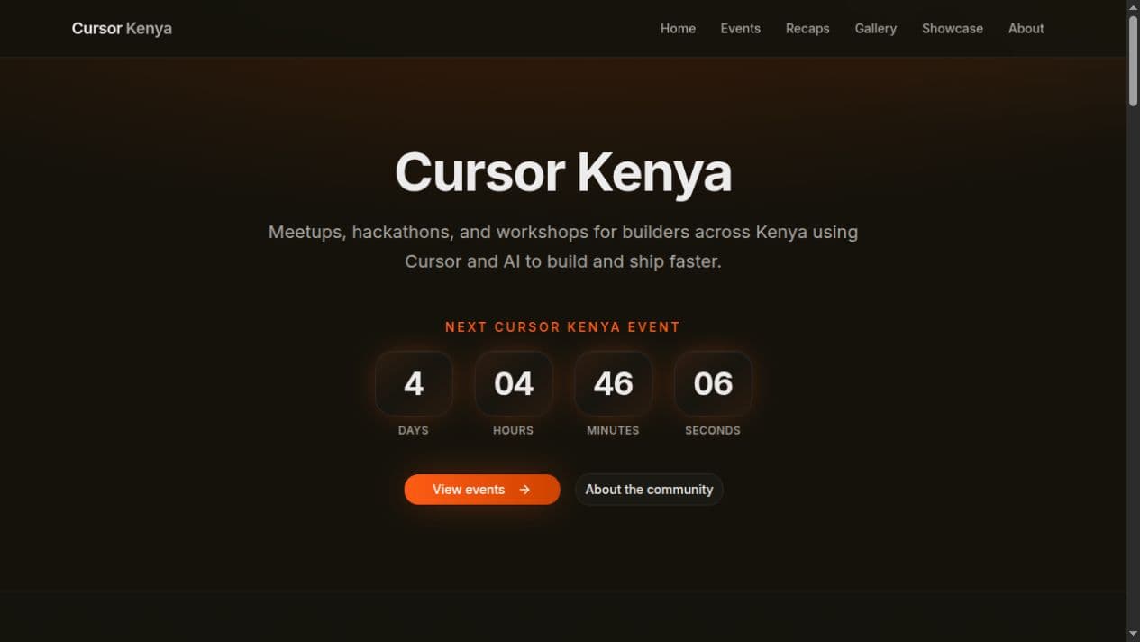 Cursor Kenya homepage promoting community meetups and events