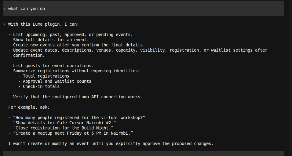 Luma Events MCP capability response inside an AI coding assistant