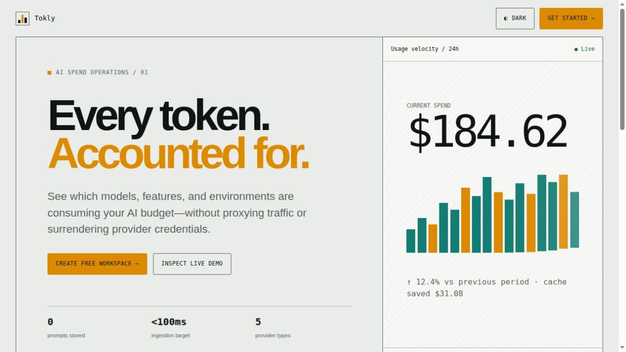 Tokly homepage showing AI usage velocity and current spend
